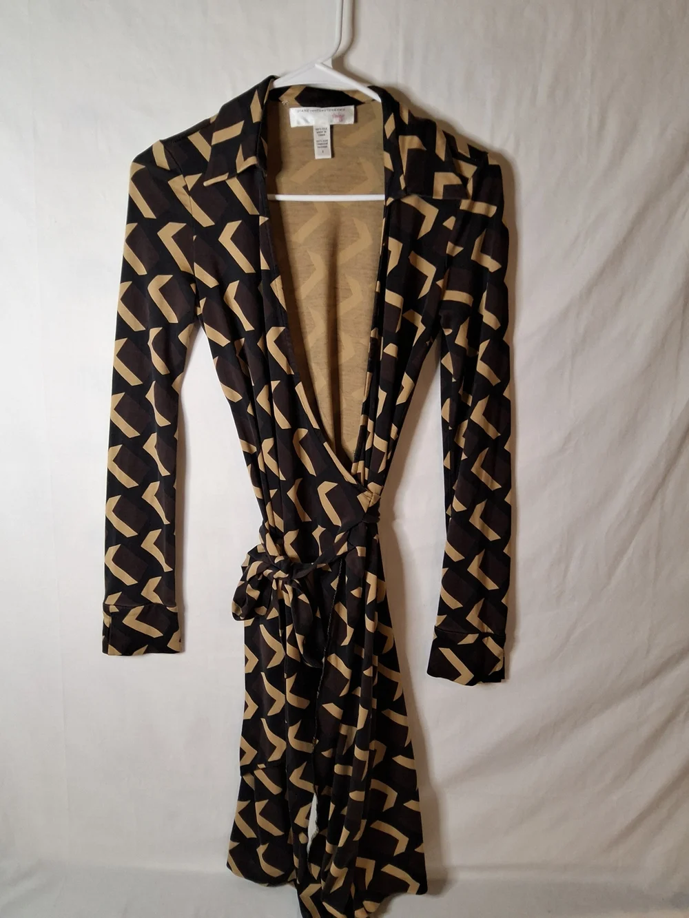 Vintage Diane Von Furstenberg Brown and Tan Geometric Silk Wrap Dress